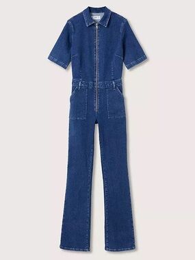 Mango Zip Front Denim Jumpsuit Size M Collared Straight Leg Utility